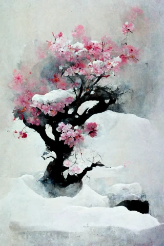 櫻花, 日本的, 盆景, 瘋狂, 抽象的, 雪