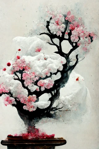 櫻花, 日本的, 盆景, 瘋狂, 抽象的, 雪