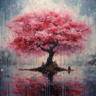 櫻花, 日本的, 盆景, 瘋狂, 抽象的, 雨