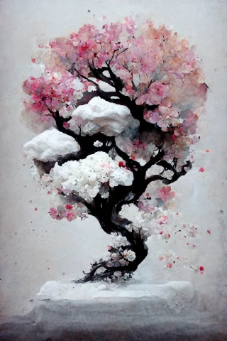 櫻花, 日本的, 盆景, 瘋狂, 抽象的, 雪